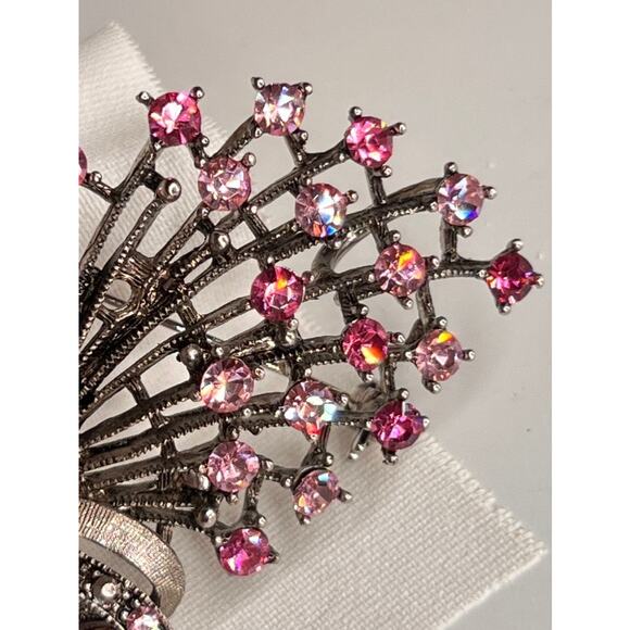 VINTAGE MCM Pink and Silver tone Rhinestone Glamour Floral Bouquet Brooch - Picture 2 of 12